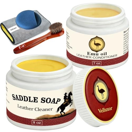 Velluxor Leather Boot Care Kit, Emu Oil, Saddle Soap for Leather, Professional Leather Cleaner & Conditioner for Horse Tack, Shoes, Bags, Couch, Cowboy & Wood, Deep Clean Moisturize, Repair & Nourish