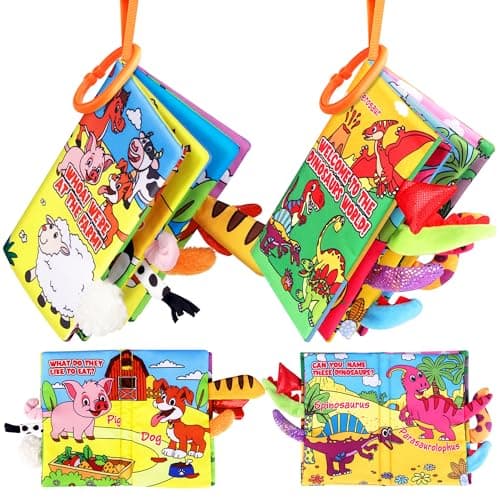 Vanmor 2 PCS Crinkle Baby Books 0-6 Months, Sensory Touch Feel Busy Soft Activity Book for Infants, Dinosaur & Farm Travel Toys, Newborn Must Haves Shower Gifts for Baby Boy Girl