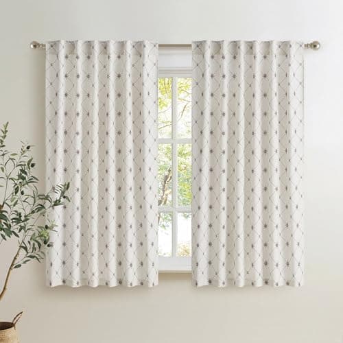 NICETOWN Semi Sheer Curtains 63 inch Length, Elegant Diamond Pattern Natural Linen Blend (250GSM) Rod Pocket & Back Tab Privacy Light Filtering Window Treatments for Bedroom, W52 x L63, 2 Panels