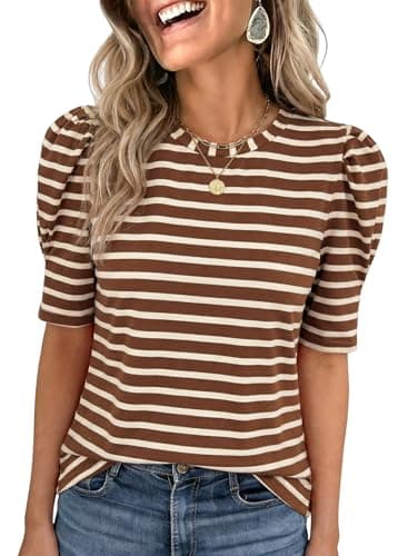 Dokotoo Plus Size Tops for Women 2026 Trendy Crewneck Short Puff Sleeve Shirts Summer Tops Blouses Ladies Oversized Lightweight Casual Khaki Striped Tshirts for Work Business XX-Large