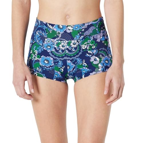 Amazon Essentials Women's High Rise Boy Short Swim Bikini Bottom, Deep Blue Paisley, Small