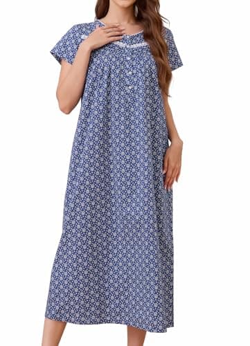 IZZY + TOBY Nightgown for Women Cotton Long Night Gown Short Sleeve Nightdress with Pockets Button Sleepshirt Soft Sleepwear Big Pot L