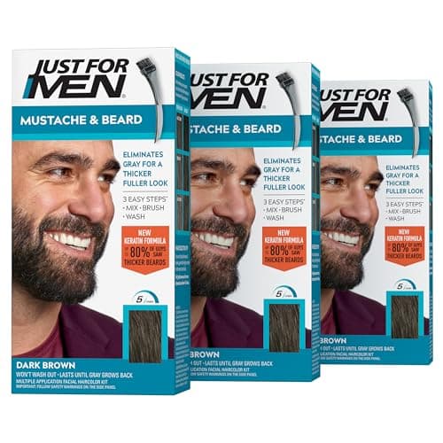 Just For Men Mustache & Beard, Beard Dye for Men with Brush Included, With Keratin Biotin Aloe and Coconut Oil for Healthy Facial Hair - Dark Brown, M-45, Pack of 3