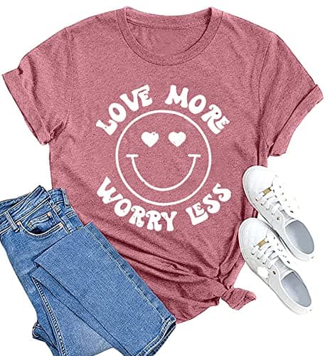 MAIHUN Valentines Day Shirt Love More Worry Less Shirts Women Happy Smile Face Tshirt Short Sleeve Casual Tee Tops Pink