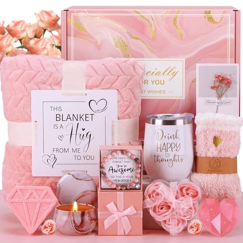 Mothers Day Birthday Gifts for Women Self Care Get Well Soon Gift Baskets, Pink Relaxing Spa Gift Set Care Package with Blanket, Unique Mother's Day Gifts for Mom Wife Grandma Daughter Sister