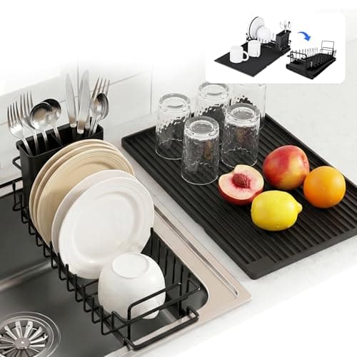 WZGUSXN Expandable & Collapsible Dish Drying Rack for Over The Sink and in Sink, Stainless Steel with Silicone Drip Tray, Space Saving Adjustable Dish Rack for Small Kitchen, Apartment & RV