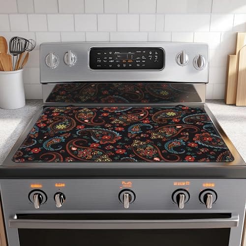 Decorative Electric Stove Cover - Romantic Indian Paisley Floral Design, Non-Slip Heat Resistant Protector for Smooth/Glass Top Stoves, Fits 28.5'' x 20.5''