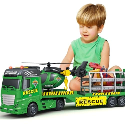 SpringFlower Toddler Truck Boy Toys, Large Dino Truck Toy with Helicoper and Dinosaur, 3 in 1 Boy Toy for 3 4 5 6 7 Year Old, Christmas Birthday Gifts for Kids 3 4 5 6 Years Old