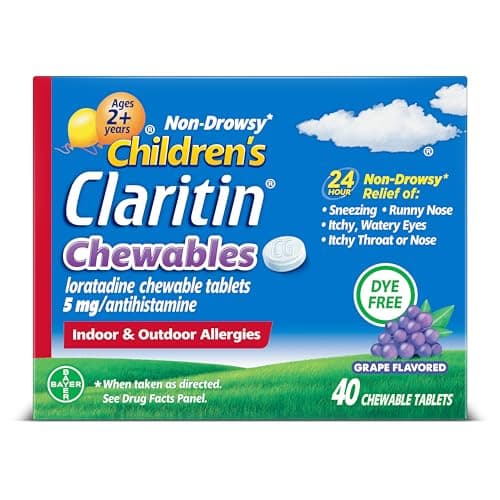 Claritin Children's Allergy Medicine, 24-Hour Non-Drowsy Loratadine 5mg Chewable Tablet, Antihistamine for Kids Ages 2 Years and Older, Grape Flavored, 40 Tablets