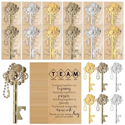 Yiyiring 12 Sets Team Appreciation Gifts Bulk for Employee Teacher Back to School Gifts Metal Bottle Opener Keychain with Thank You Cards for Staff Coworker Team Building Soccer Volleyball Club