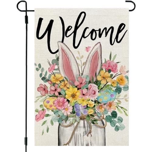 CROWNED BEAUTY Easter Garden Flag Floral Mason Jar 12x18 Inch Double Sided Bunny Ears Holiday Decoration for Outdoor Lawn Yard