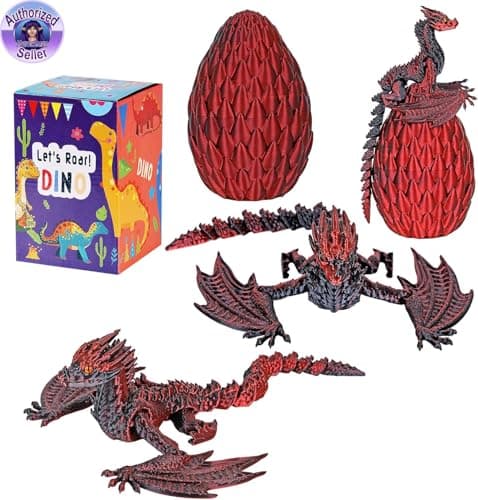 TXB3DOK 3D Printed Flying Dragon in Egg Flexible Winged Dragon Inside Mystery Dinosaur Egg, Articulated 3D Printed Animals Fidget Toy,Birthday Gift for Kids Desk Figure Decor