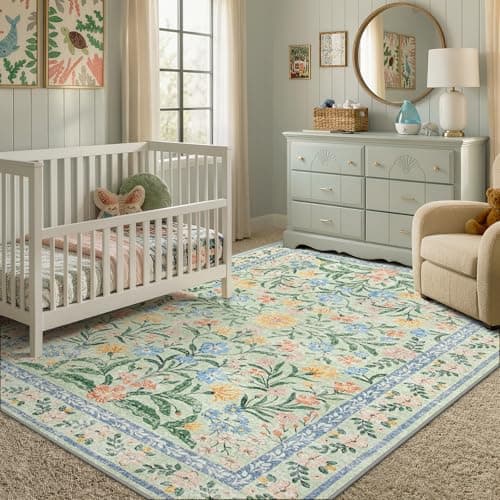 Morebes Washable 6x9 Area Rugs for Bedroom, Boho Floral Rugs for Living Room Non Slip, Indoor Floor Carpet for Nursery Kids Playroom Home Office Cottage Core Decor, Green/Multi
