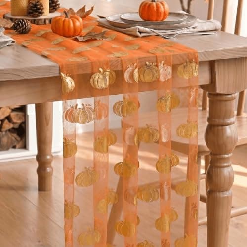 Artoid Mode Fall Gauze Table Runner 120 Inch, Metallic Foil Pumpkin