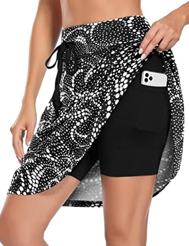 BLEVONH Black Skorts Skirts for Women, Womens 20" Knee Length Golf Skort Drawstring High Waisted Workout Tennis Skirts with Pockets Summer 2022 Print L