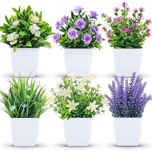 Der Rose 6 Pack Fake Plants Small Artificial Potted Faux Plants with Flowers for Home Bathroom Living Room Office Decor Indoor