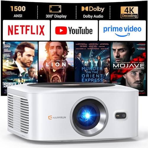 HAPPRUN 1500 ANSI Lumens Outdoor Projector with Built-in Streaming Apps, 4K Decoding Resolution, Auto Focus, Dolby Audio, Smart Projector with WiFi 6 and Bluetooth 5.2, Indoor Home Theater