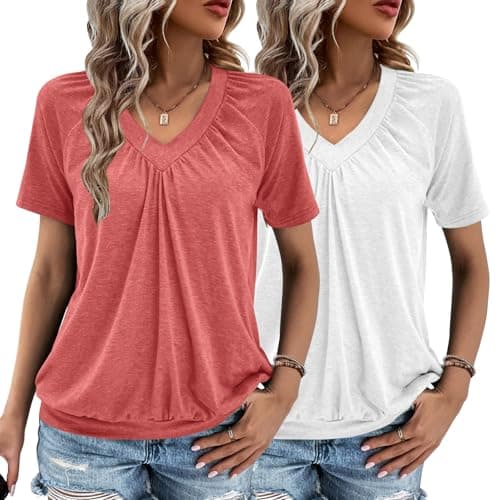 2 Pack Summer Tops for Women V Neck Shorts Sleeve Casual Ruched Tops Women T Shirts Clothes Trendy 2026