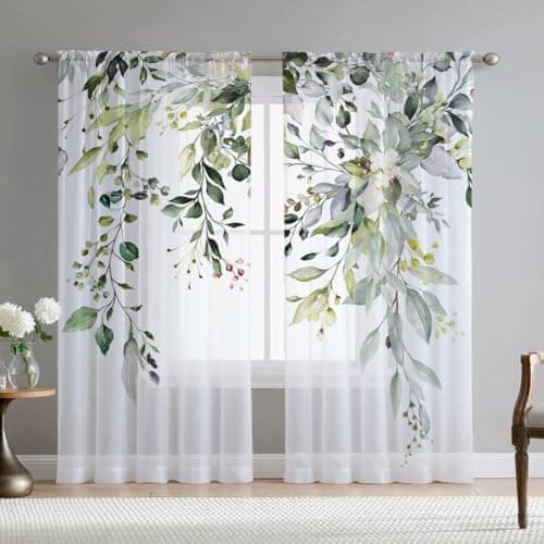 Fereyis Green Eucalyptus Leaves Curtains for Living Room 96 inch Length 2 Panels Set Elegant Wild Flower Floral Spring Printed Window Curtain Natural Sheer Chiffon Drapes for Bedroom
