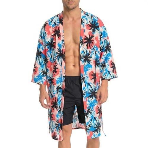 OLAOLA Men Lightweight Kimono Flower Robe with Belt Japanese Style Robe Jacket Casual Open Front Long Cardigan Cape Coat Outwear