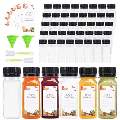 OBKJJ 40 pcs 2oz Pcs Juice Bottles, Juice Bottle with Caps Reusable Empty Clear Bottles with Label, Funnel, Brush Bulk Beverage Containers for Juicing, Drinking, Smoothie and Other Beverages (2-OZ)