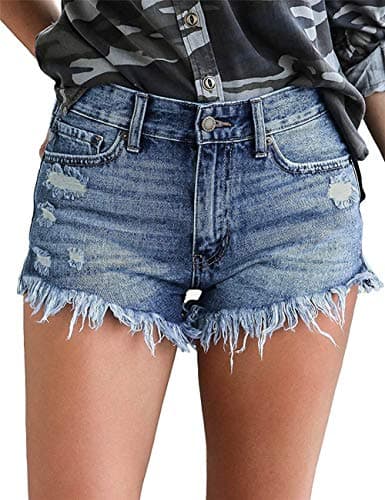 MODARANI Cut Off Denim Shorts for Women Frayed Jean Shorts Blue High Rise Summer Hot Short S