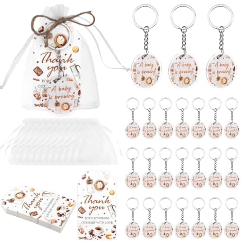 Diartpaint Coffee Theme Baby Shower Favor 24 Sets Keychain Coffee Theme A Baby Is Brewing Keychain Gender Reveal with Thank You Cards and Organza Bags Return Gift for Guest
