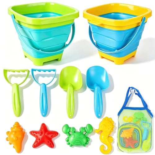 VGY Space-Saving Beach Toys for Kids,2 Collapsible Sand Buckets with Shovels,Rakes,Molds & Mesh Beach Bag,Portable Travel Sandbox Toys for Toddlers Ages 3-10