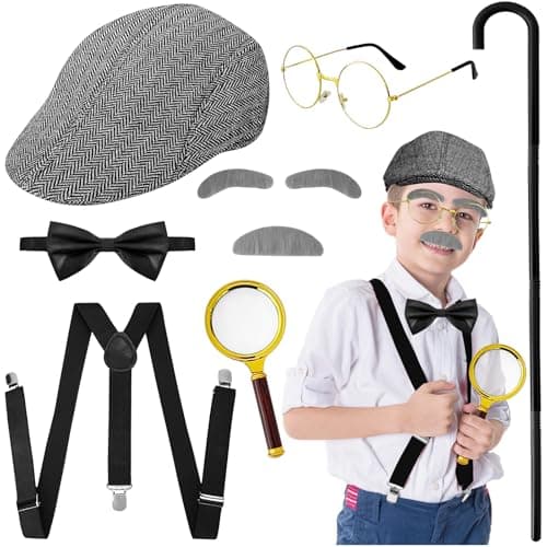 Rrshnsgv Halloween Grandpa Accessories Set,Old Man Costume Set for Kids,Boys 100 Days of School Costumes for Cosplay,Festival Celebrations,Family Gatherings Grey