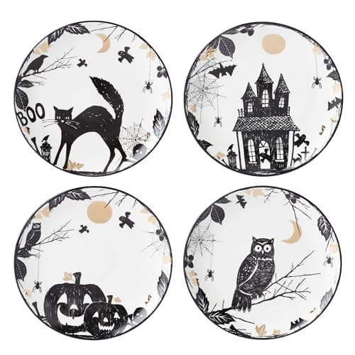 Lenox Dinnerware, Vintage Halloween Haunted Accent Plates, Assorted, Set of 4, Porcelain, Dishwasher & Microwave Safe, Halloween Decor Indoor, Spooky Decorative Plates for Home (Black/White, 4 Piece)