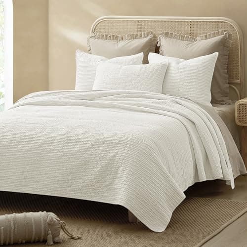 Wonderful Natural Linen Cotton Quilt - Skin-Friendly Breathable & Hypoallergenic Quilt King, 3 Piece Wave Stitched White Bedding Set, All-Season Use Bedspread & Coverlet Bedding, 104"x94"