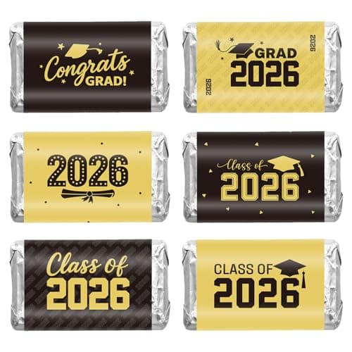 Anwyll 120Pcs Graduation Party Favor Decoration Stickers 2026 Grad Mini Candy Chocolate Bar Wrapper Label Sticker Self Adhesive Congrats Graduation Sticker Class of 2026 for Senior College(Gold&Black)