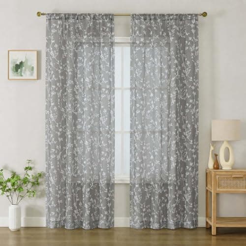 OWENIE White Leaf Sheer Curtains 84 Inch Length 2 Panel Set, Grey Background Floral Printed Light Filtering Rod Pocket Semi Sheer Drapes for Living Room Bedroom, Farmhouse Airy Curtain 40Wx84L