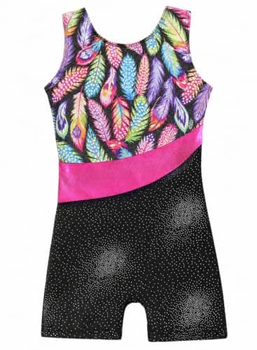 Kids Gymnastics Leotards for Girls 6 7 Kid Child Dance Wear Sparkle Rainbow Feather Pattern Sleeveless Biketards Hotpink Black Biektard (Colorful Feather, 6-7 Years)