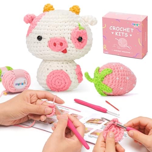 Mewaii Strawberry Cow Crochet Kit for Beginners, 40% Extra Yarn
