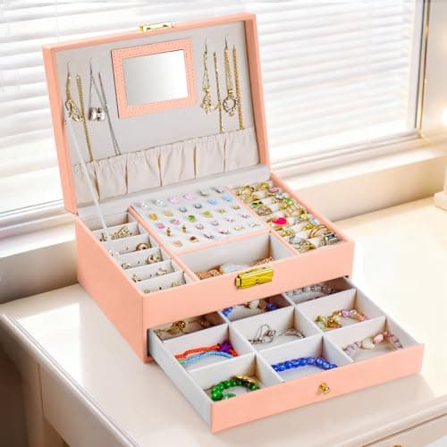 coobest Jewelry Box, 2 Layer Jewelry Organizer with Velvet Earring Organizer, Jewelry Holder Organizer Travel, White Jewelry Boxes for Women, Jewelry Boxes & Organizers for Girls, pink