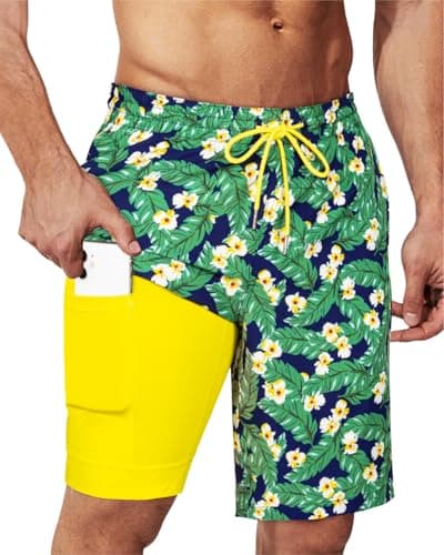 SURF CUZ 9" Mens Swim Trunks with Compression Liner Swimming Shorts 2 in 1 Stretch Quick Dry Zipper Pockets,Navy Floral,XS