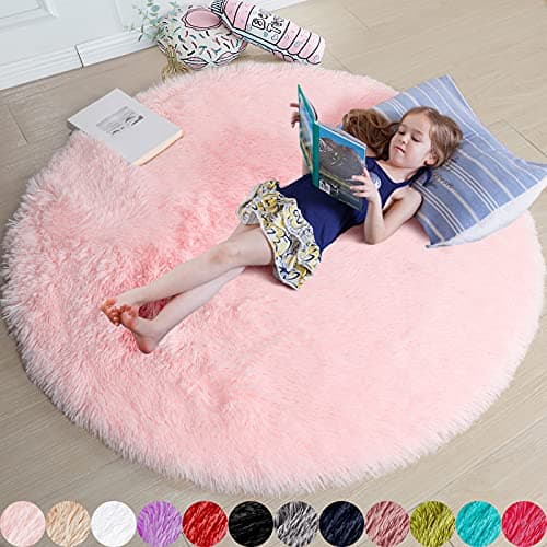 Amdrebio Light Pink Round Circle Rug 4Ft for Girls Bedroom, Fluffy Cute Area Rugs for Kids Room Decor Aesthetic, Small Shag Fur Carpet for Nursery Dorm Classroom Playroom Teen Toddler Baby Corner