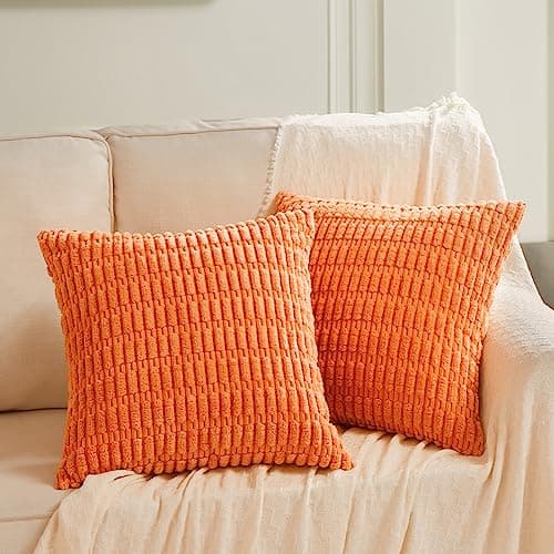 Fancy Homi 2 Packs Fall Burnt Orange Decorative Throw Pillow Covers 18x18 Inch for Living Room Couch Bed Sofa, Soft Striped Corduroy Square Cushion Case 45x45 cm, Rustic Farmhouse Boho Home Decor