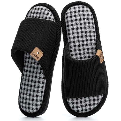GOEWY Summer House Slippers for Women Cozy Open Toe Breathable Slippers with Memory Foam Birthday Gifts for Women Mom Indoor and Outdoor Size 7 8 Black Checkered