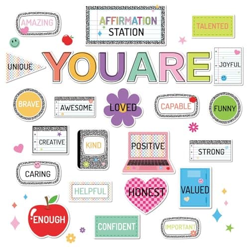 Whaline 27 Pcs Colorful Affirmation Station Bulletin Board Set Growth Mindset Motivational Words Accents Cut-Out for Back to School Classroom Office Chalkboard Wall Decor