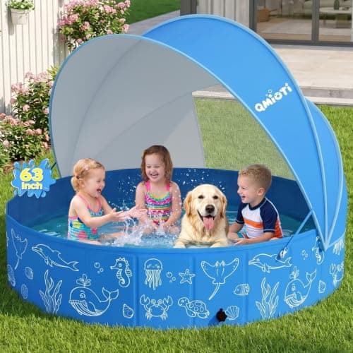 Qmioti 63in Kiddie Pool with Canopy, Foldable Kids Pool with Detachable UPF 50+ Sunshade, Portable Non-Slip Swimming Pool Dog Pool for Backyard, Beach, Outdoor Summer Water Play