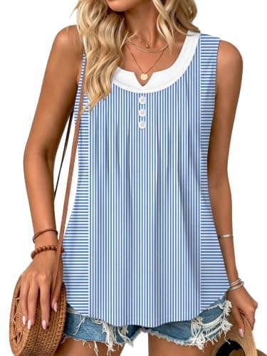 Summer Tops for Women 2026 Trendy Pleated Front Striped Tank Top Curved Hem Flowy Sleeveless Shirts