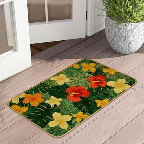 Tropical Palm Leaves Indoor Outdoor Door Mat,Hibiscus Flower Front Floor Mat Non-Slip Absorbent Low-Profile Washable Inside Entrance,Linen Sturdy Soft Entry Doormat for Entryway