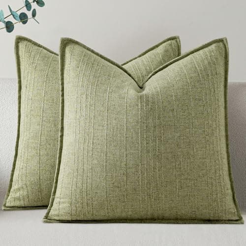 a moment Linen Pillow Covers Set of 2,Boho Farmhouse Throw Pillowcases Neutral Textured Decorative Covers for Couch Sofa,Linen Blend Accent Case Cushion Living Room Home Decor 22"x22"Seeding Green
