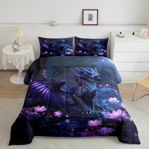 Feelyou Dragon Comforter Set Twin Size Dragon Stuff Comforter for Boys Girls Teens Wild Life Bedding Set Flower Duvet Set Room Decor Black Purple Quilt Set