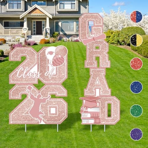 Pink Graduation Decorations Class of 2026 Yard Signs, 4 Pcs Large Size 2026 Grad Waterproof Glittering Congrats Grad Lawn Signs with Stakes for High School College Senior Graduation Party Supplies Outdoor Decor