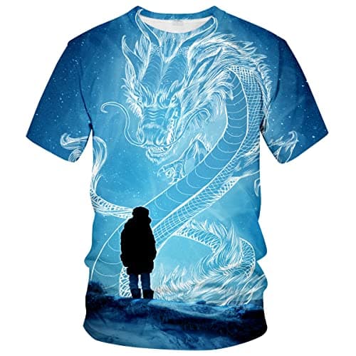 LAOLIUSN Men's Dragon T Shirt Summer Short Sleeve Tees Tops Animal Theme Shirt Anime Graphic Shirt,Blue,3XL