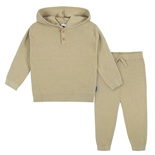 Gerber Baby Boys Toddler Sweater Knit Hooded Top and Pant Set, Tan, 12 Months