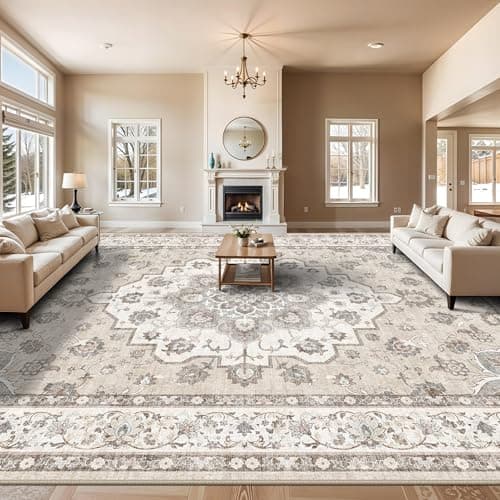Living Room 10x14 Area Rugs: Large Washable Area Rug with Non Slip Backing Stain Resistant Durable Carpet Vintage Distressed Low-Pile Mats for Bedroom Thin Soft Rugs Farmhouse Home Decor 10x14 Beige